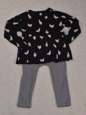 Tea Collection Chicken peplum top and black and white striped pants set 3T EUC